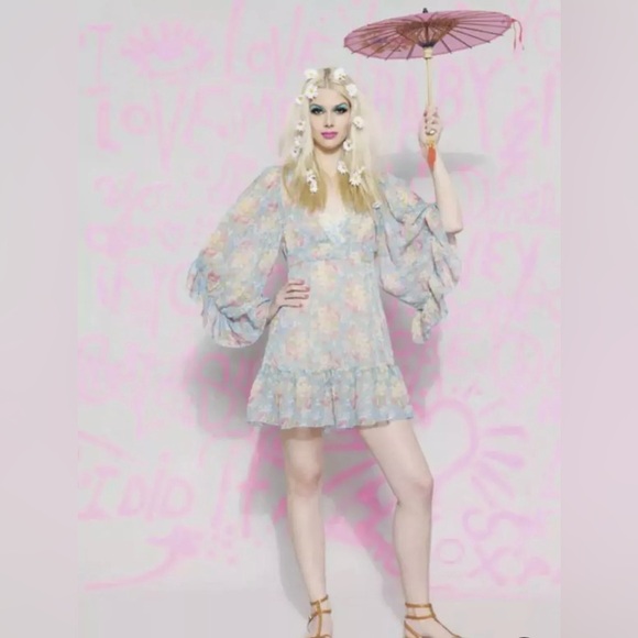 🍒RARE BETSEY JOHNSON Floral Rose BAMBI Boho Slip Bell Sleeves DRESS S  🍒✨ - Picture 10 of 13